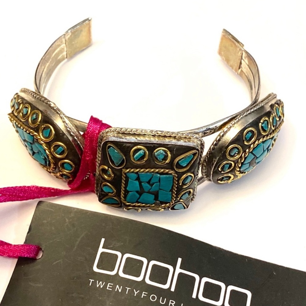 Boohoo Lexi Patterned Stone Cuff Faux Turquoise Silvertone Bracelet